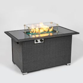 44" Gas Propane Fire pit Table Rectangle 50; 000 BTU with 8mm Tempered Glass Tabletop & Blue Stone& Steel table lid &Table waterproof dusty Cover ; ET