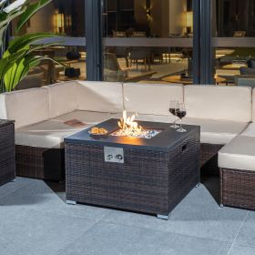 Outdoor Gas Fire Pit Square Dark Brown Wicker Fire Pit Table Propane Fire Table with Glass Rocks