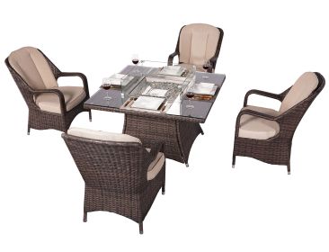 Direct Wicker Outdoor 4-Seat Rattan Square Gas Firepit Dining Set with Eton Chairs and Cushion