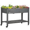 Outsunny Raised Garden Bed, 47" x 22" x 33", Elevated Wooden Planter Box with Lockable Wheels, Storage Shelf, and Bed Liner for Backyard, Patio, Dark