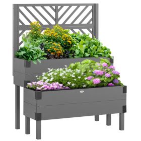 Outsunny Raised Garden Bed with Trellis, 2 Tier Wooden Elevated Planter Box with Legs and Metal Corners, for Vegetables, Flowers, Herbs, Gray